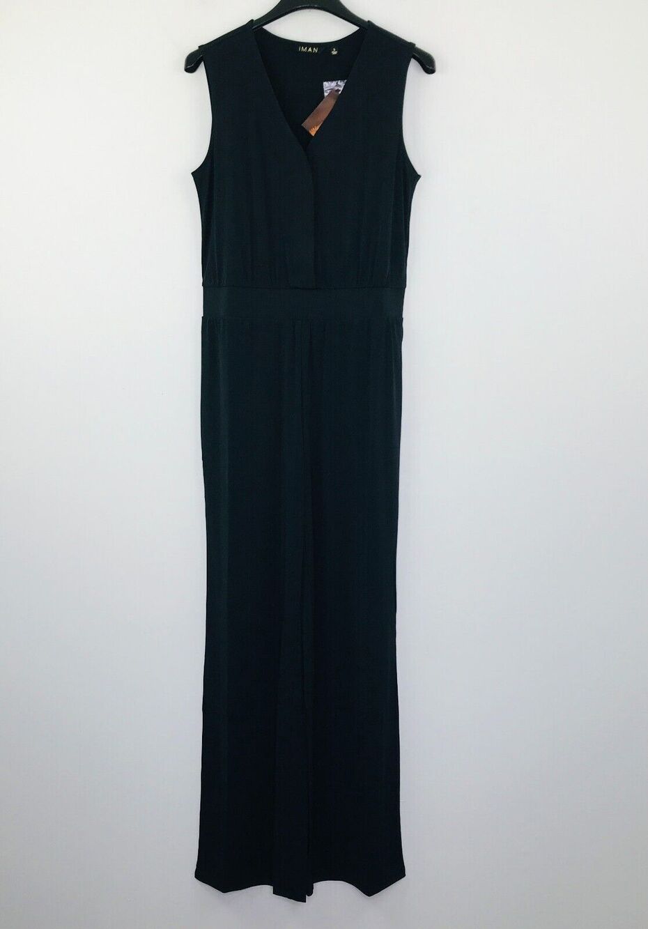 Iman Women's Small Jumpsuit Black Solid Sleeveless V Neck Wide Leg NWT CC5